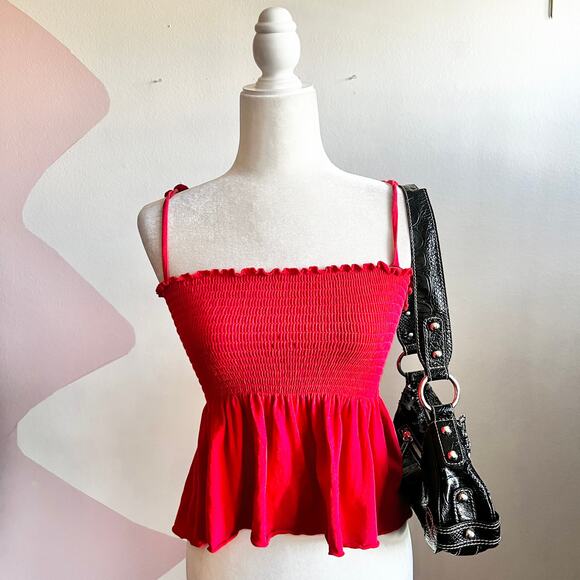 Red Smocked Babydoll Tank Top Y2K Cottagecore 90s Retro Small - Picture 1 of 5